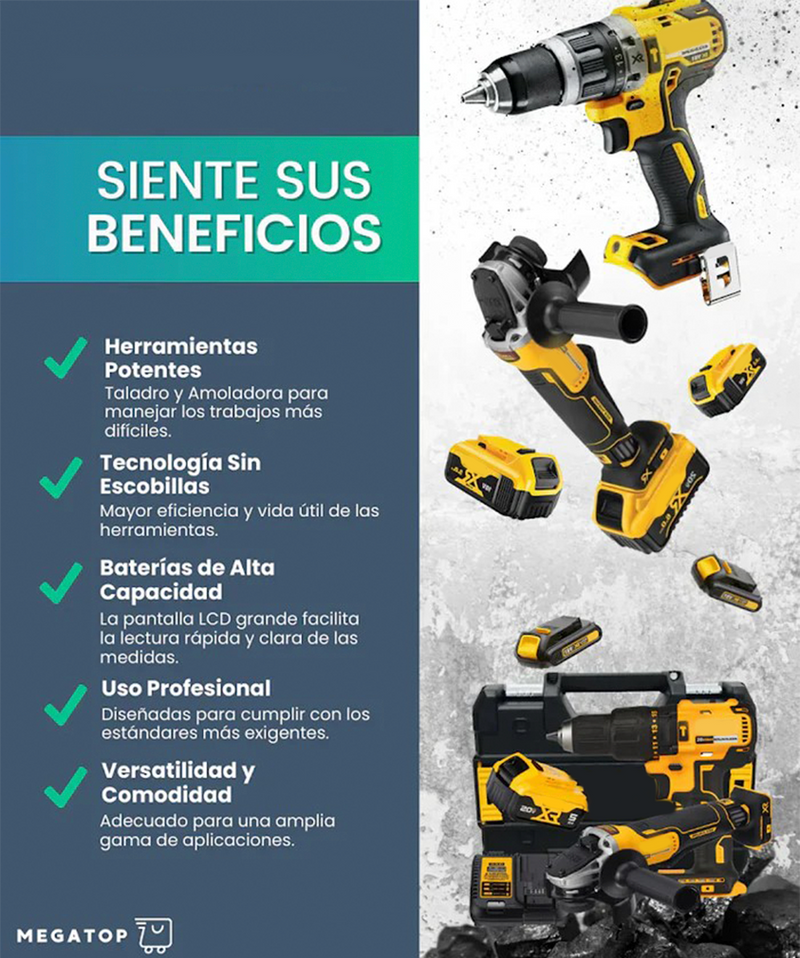 KIT ORIGINAL QUEDAN 6 UNIDADES - TALADRO INALÁMBRICO + AMOLADORA DE ALTO IMPACTO + 26 ACCESORIOS + 2 BATERIAS - PROMOCION