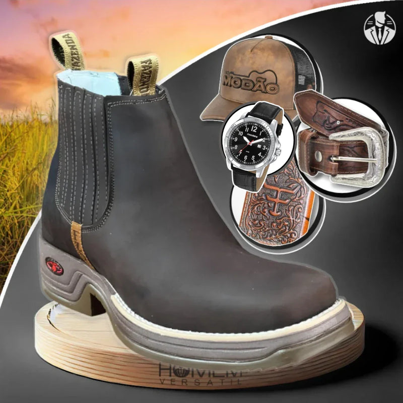 Kit Bota Ortopédica Fazenda con caña corta en 100% cuero bovino + REGALOS: Cinturón, Gorra, Cartera y Reloj | PROMOCIÓN ESPECIAL 30 AÑOS - ENVÍO GRATIS