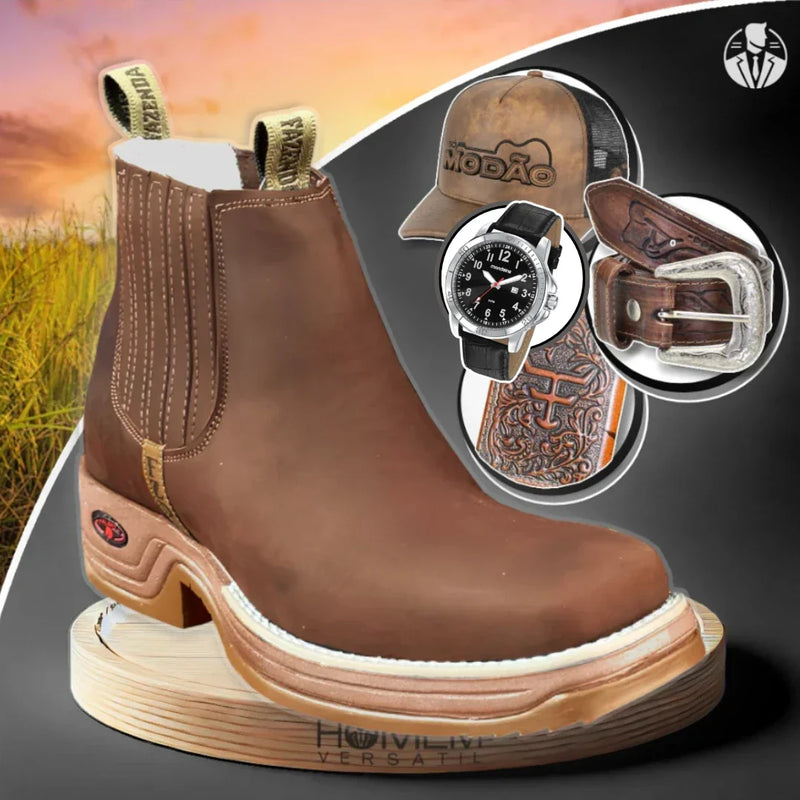Kit Bota Ortopédica Fazenda con caña corta en 100% cuero bovino + REGALOS: Cinturón, Gorra, Cartera y Reloj | PROMOCIÓN ESPECIAL 30 AÑOS - ENVÍO GRATIS