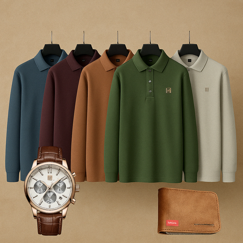 Kit de 5 Camisas: Polo de manga larga + Regalos: Reloj de lujo y Cartera | PROMOCIÓN ESPECIAL 30 AÑOS - ENVÍO GRATIS