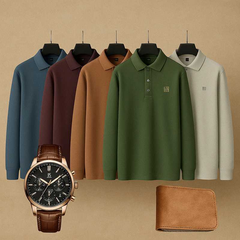 Kit de 5 Camisas: Polo de manga larga + Regalos: Reloj de lujo y Cartera | PROMOCIÓN ESPECIAL 30 AÑOS - ENVÍO GRATIS