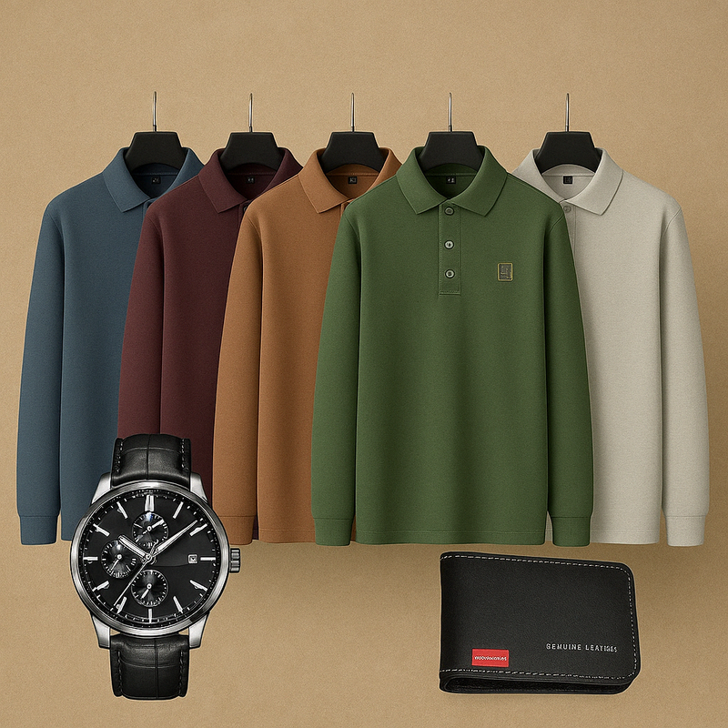 Kit de 5 Camisas: Polo de manga larga + Regalos: Reloj de lujo y Cartera | PROMOCIÓN ESPECIAL 30 AÑOS - ENVÍO GRATIS