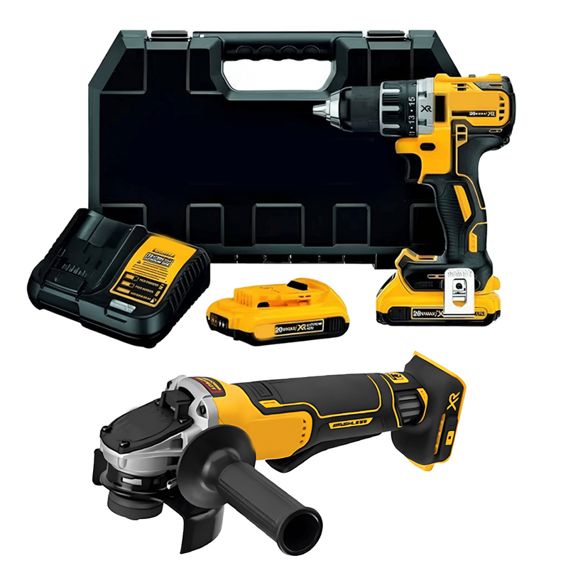 KIT ORIGINAL QUEDAN 6 UNIDADES - TALADRO INALÁMBRICO + AMOLADORA DE ALTO IMPACTO + 26 ACCESORIOS + 2 BATERIAS - PROMOCION