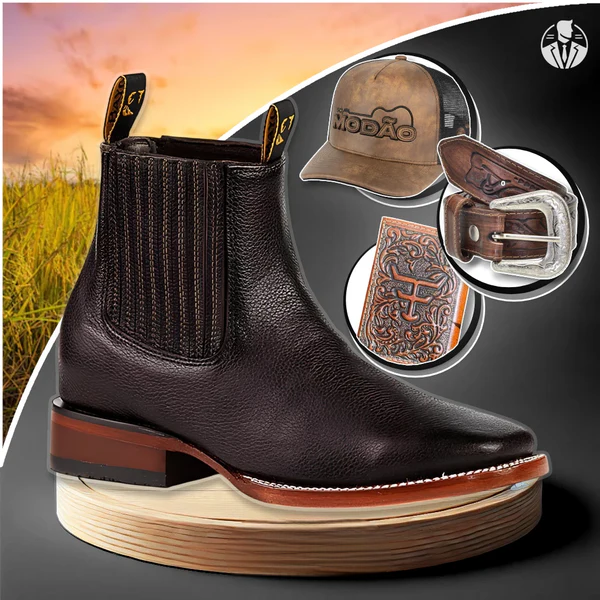 Kit Bota Masculina Ortopédica Force en 100% Cuero Bovino + Cinturón Country, Gorra Modão y Cartera | PROMOCIÓN ESPECIAL 30 AÑOS - ENVÍO GRATIS