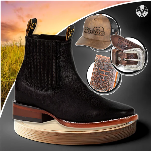Kit Bota Masculina Ortopédica Force en 100% Cuero Bovino + Cinturón Country, Gorra Modão y Cartera | PROMOCIÓN ESPECIAL 30 AÑOS - ENVÍO GRATIS