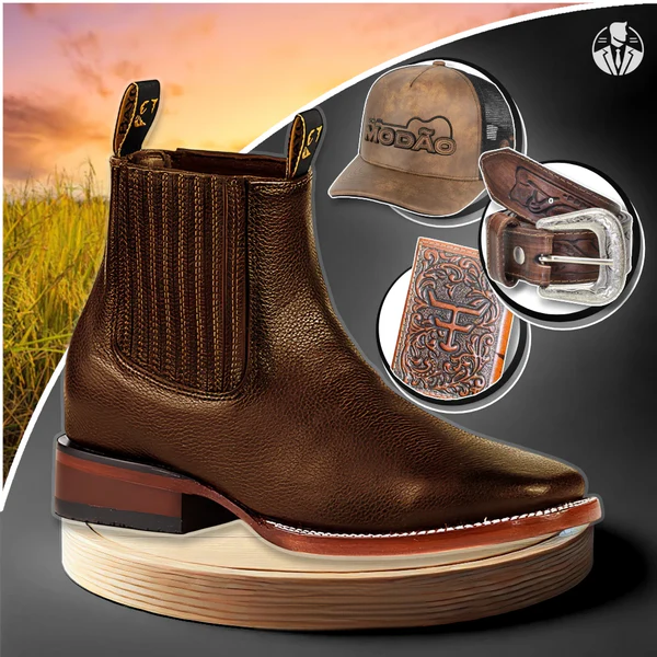 Kit Bota Masculina Ortopédica Force en 100% Cuero Bovino + Cinturón Country, Gorra Modão y Cartera | PROMOCIÓN ESPECIAL 30 AÑOS - ENVÍO GRATIS