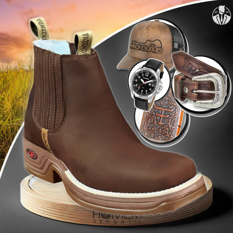 Kit Bota Ortopédica Fazenda con caña corta en 100% cuero bovino + REGALOS: Cinturón, Gorra, Cartera y Reloj | PROMOCIÓN ESPECIAL 30 AÑOS - ENVÍO GRATIS